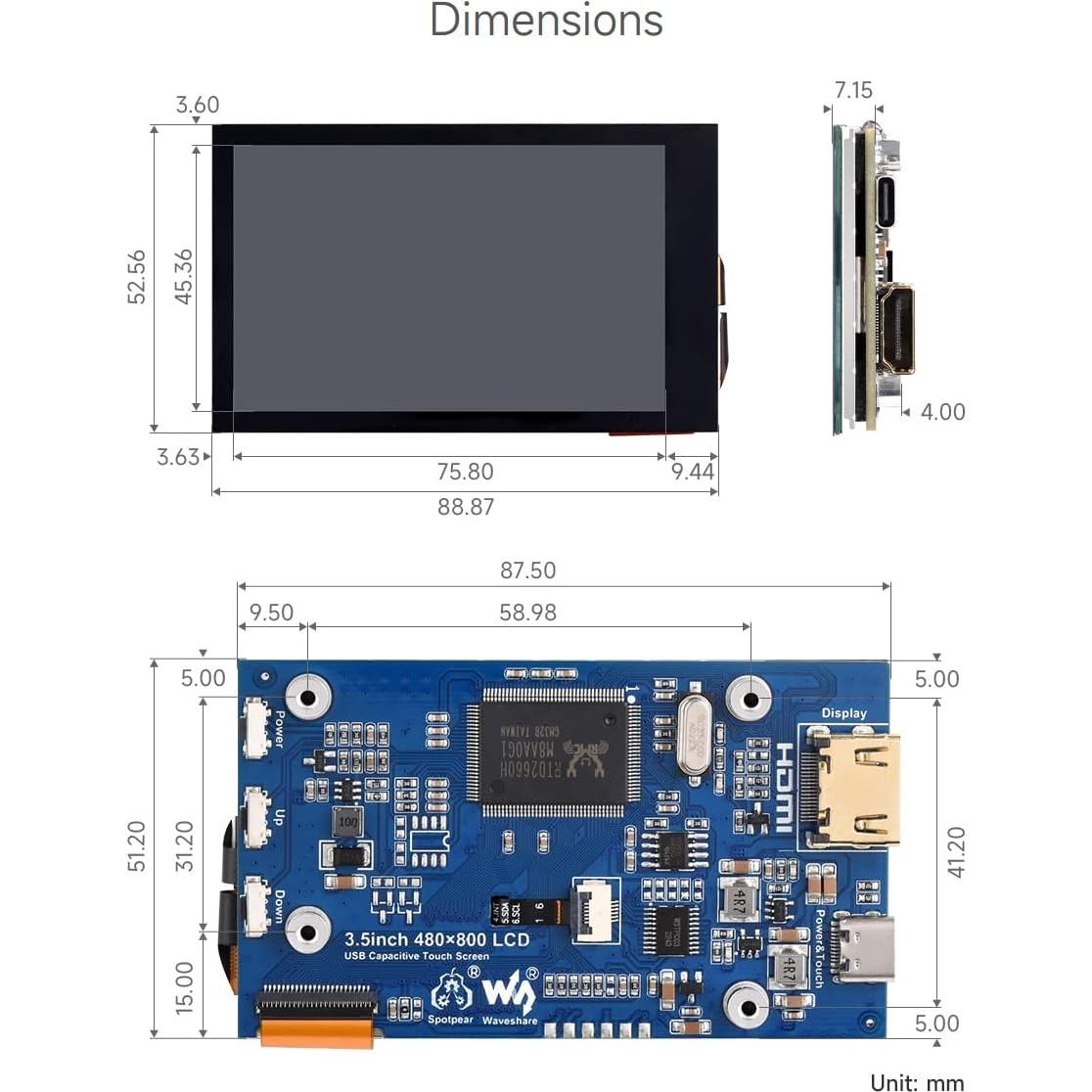 Pantalla LCD táctil Waveshare 3.5" 480x800 para Raspberry Pi