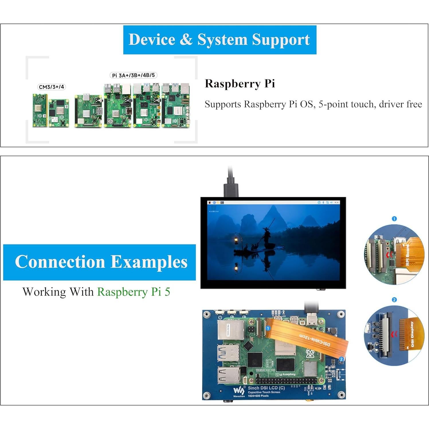 Monitor DSI 5" UeeKKoo Táctil Capacitivo 1024x600 IPS