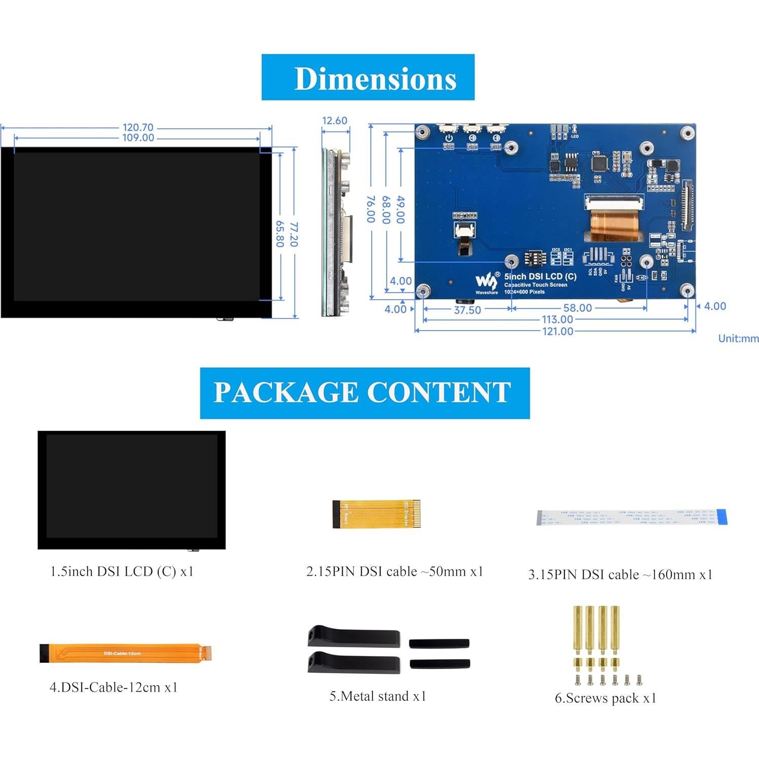Monitor DSI 5" UeeKKoo Táctil Capacitivo 1024x600 IPS