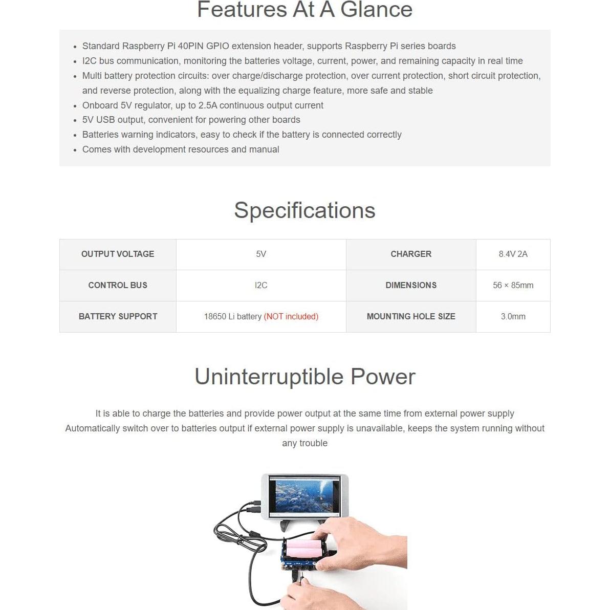 UPS HAT Waveshare para Raspberry Pi 4B 5V Carga Ininterrumpida