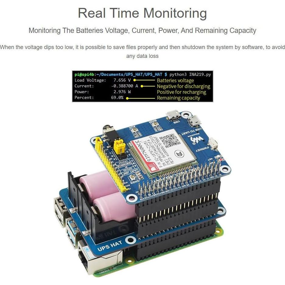 UPS HAT Waveshare para Raspberry Pi 4B 5V Carga Ininterrumpida