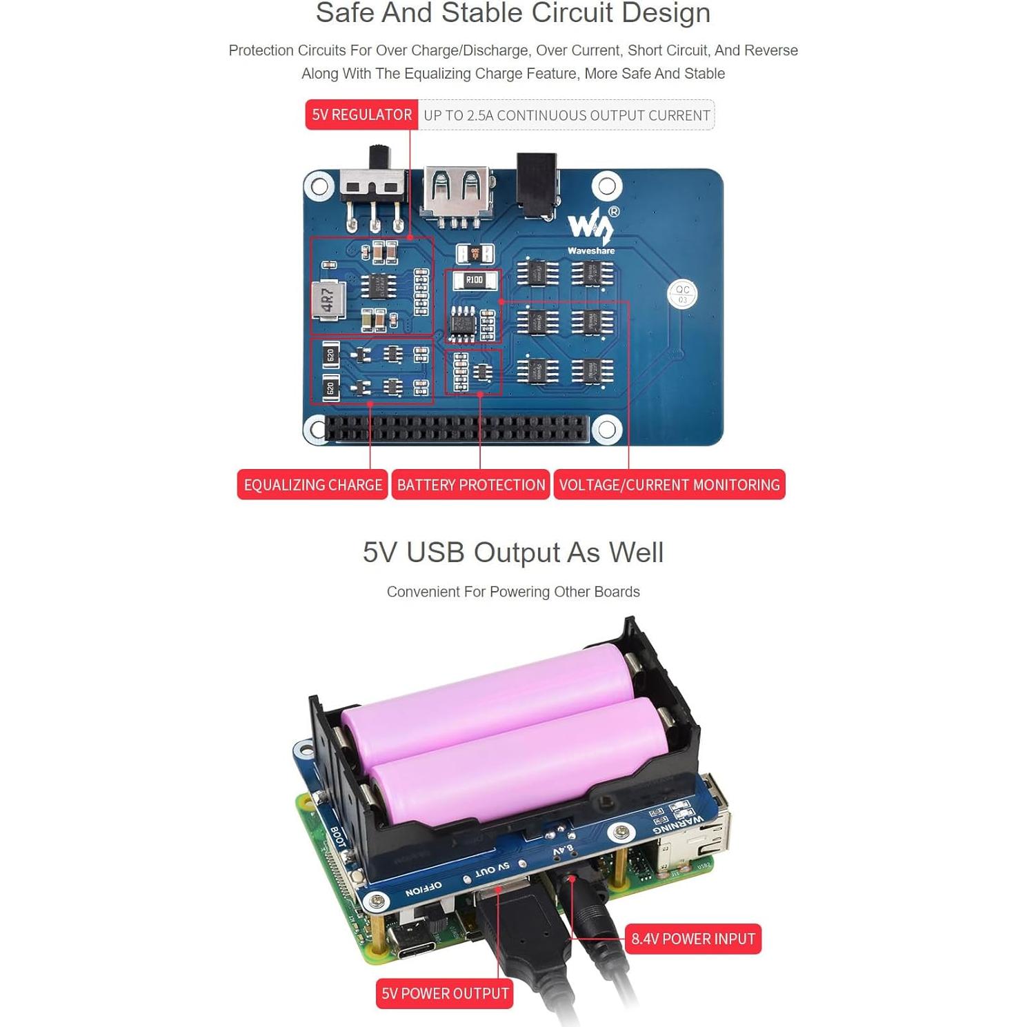 UPS HAT Waveshare para Raspberry Pi 4B 5V Carga Ininterrumpida