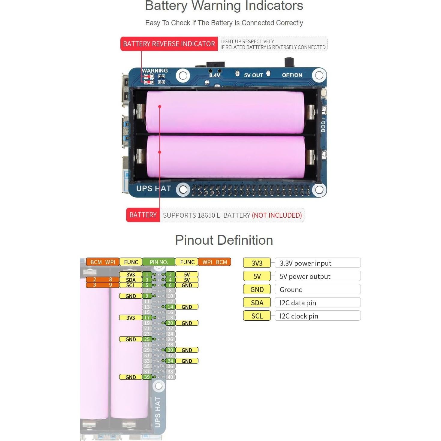 UPS HAT Waveshare para Raspberry Pi 4B 5V Carga Ininterrumpida