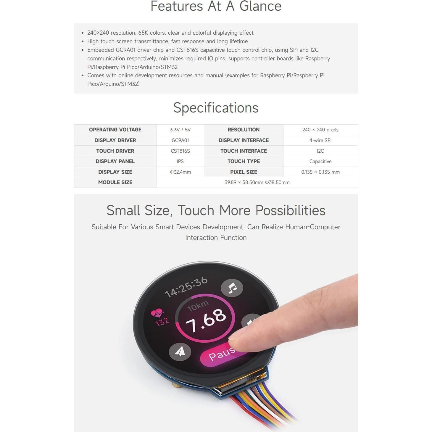 Waveshare 1.28inch Round LCD Display Module with Touch Panel, 240×240 Resolution, IPS, SPI and I2C Communication, Compatible with Raspberry Pi 5/4B/3B/Zero/Zero W/Zero 2W/Pico/Pico W/Pico WH