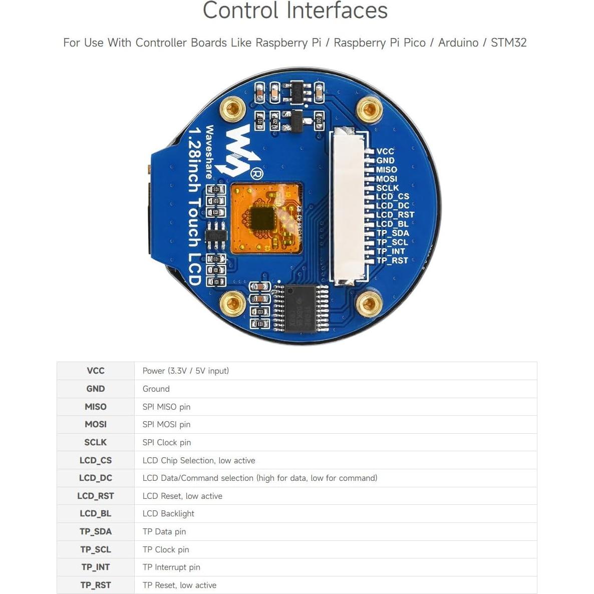Waveshare 1.28inch Round LCD Display Module with Touch Panel, 240×240 Resolution, IPS, SPI and I2C Communication, Compatible with Raspberry Pi 5/4B/3B/Zero/Zero W/Zero 2W/Pico/Pico W/Pico WH