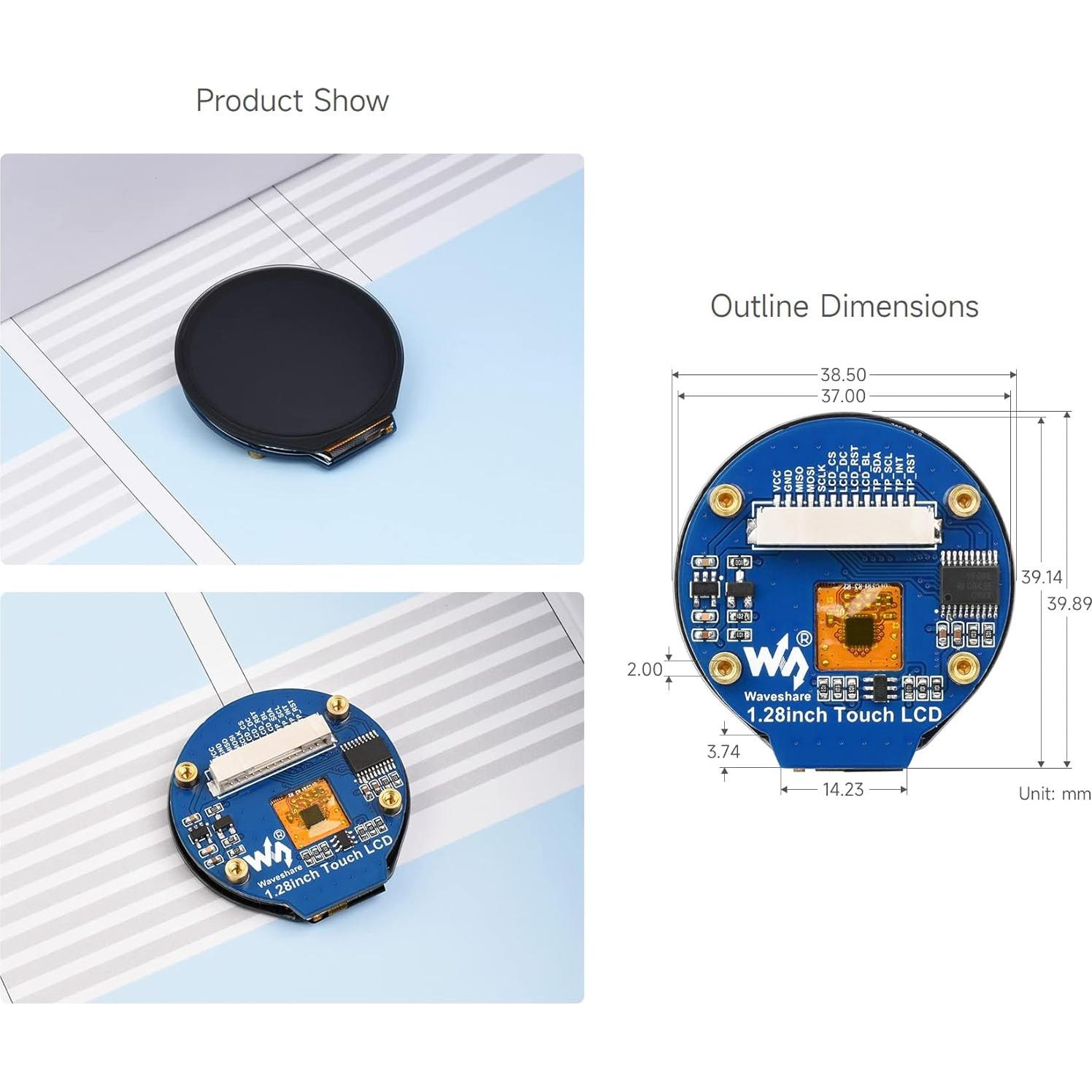 Waveshare 1.28inch Round LCD Display Module with Touch Panel, 240×240 Resolution, IPS, SPI and I2C Communication, Compatible with Raspberry Pi 5/4B/3B/Zero/Zero W/Zero 2W/Pico/Pico W/Pico WH