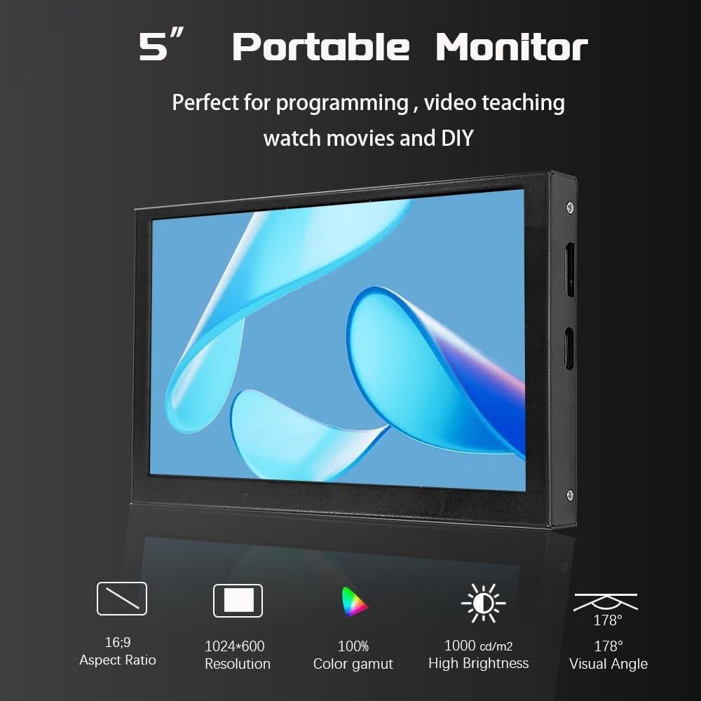 Monitor portátil JLTTEK 5" Full HD 1024x600 HDMI para Raspberry Pi