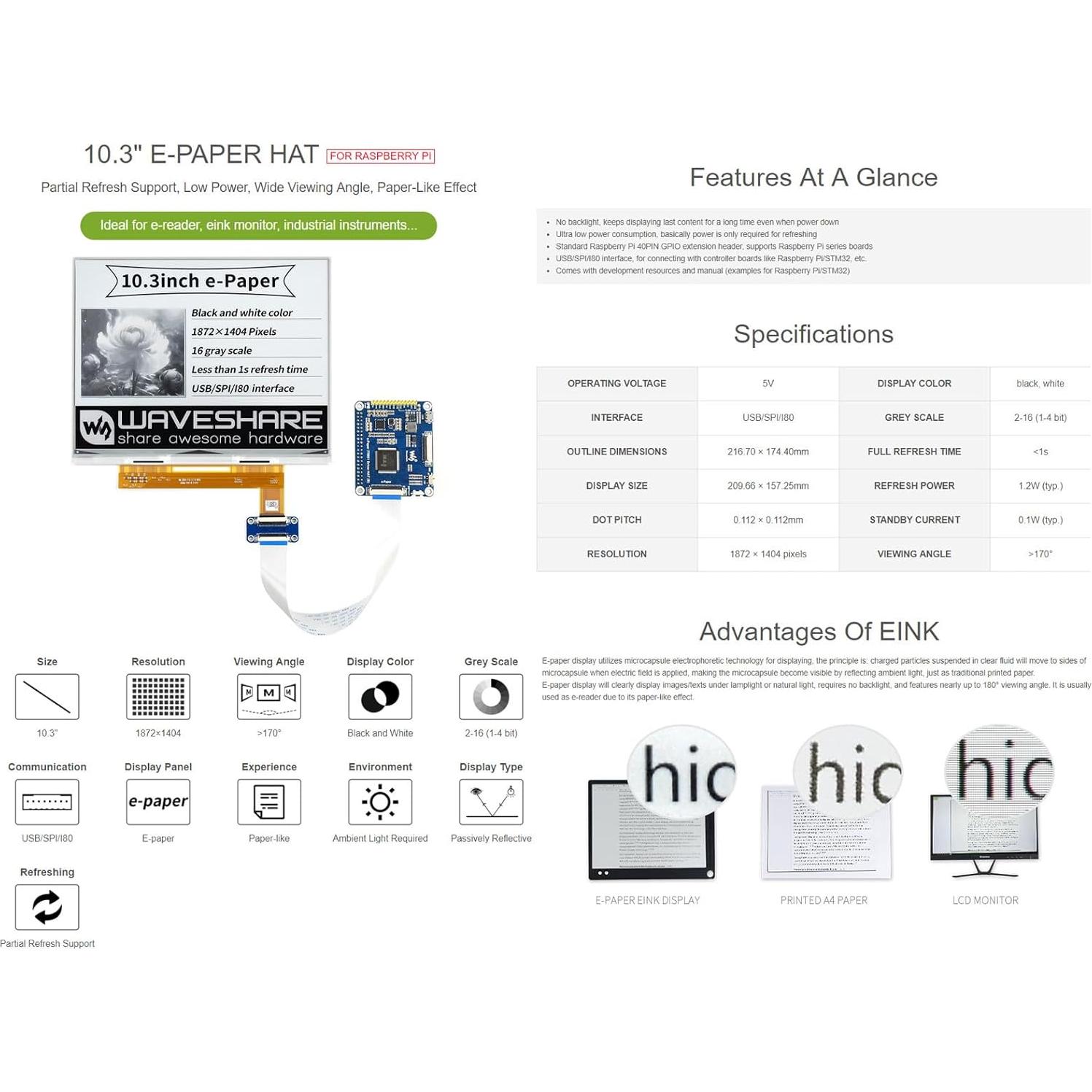 Pantalla E-Paper 10.3" Waveshare 1872x1404 Blanco/Negro