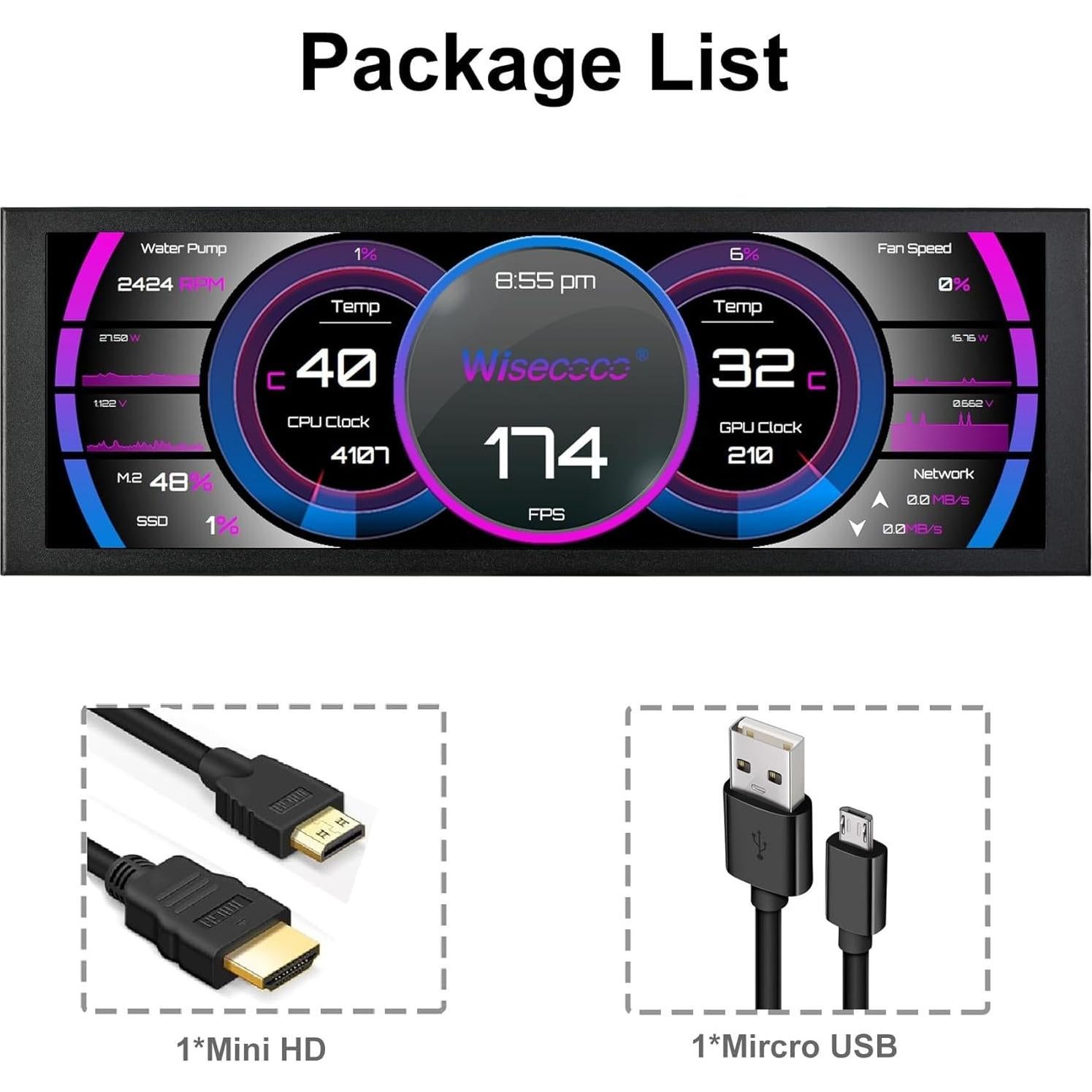 Monitor Mini HD IPS 7.84" Wisecoco 1280x400 LCD para PC