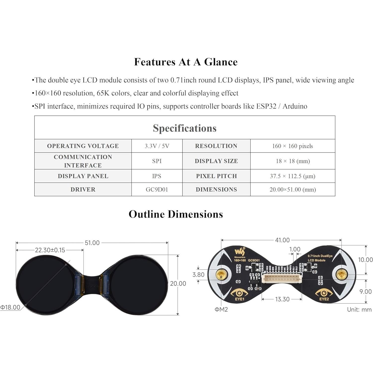 Módulo de Pantalla LCD Redonda Wonrabai 1.8 cm 160x160 IPS