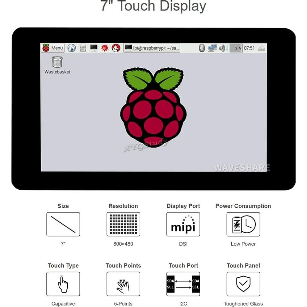 Pantalla Táctil Capacitiva 7" DSI 800x480 para Raspberry Pi XYGStudy