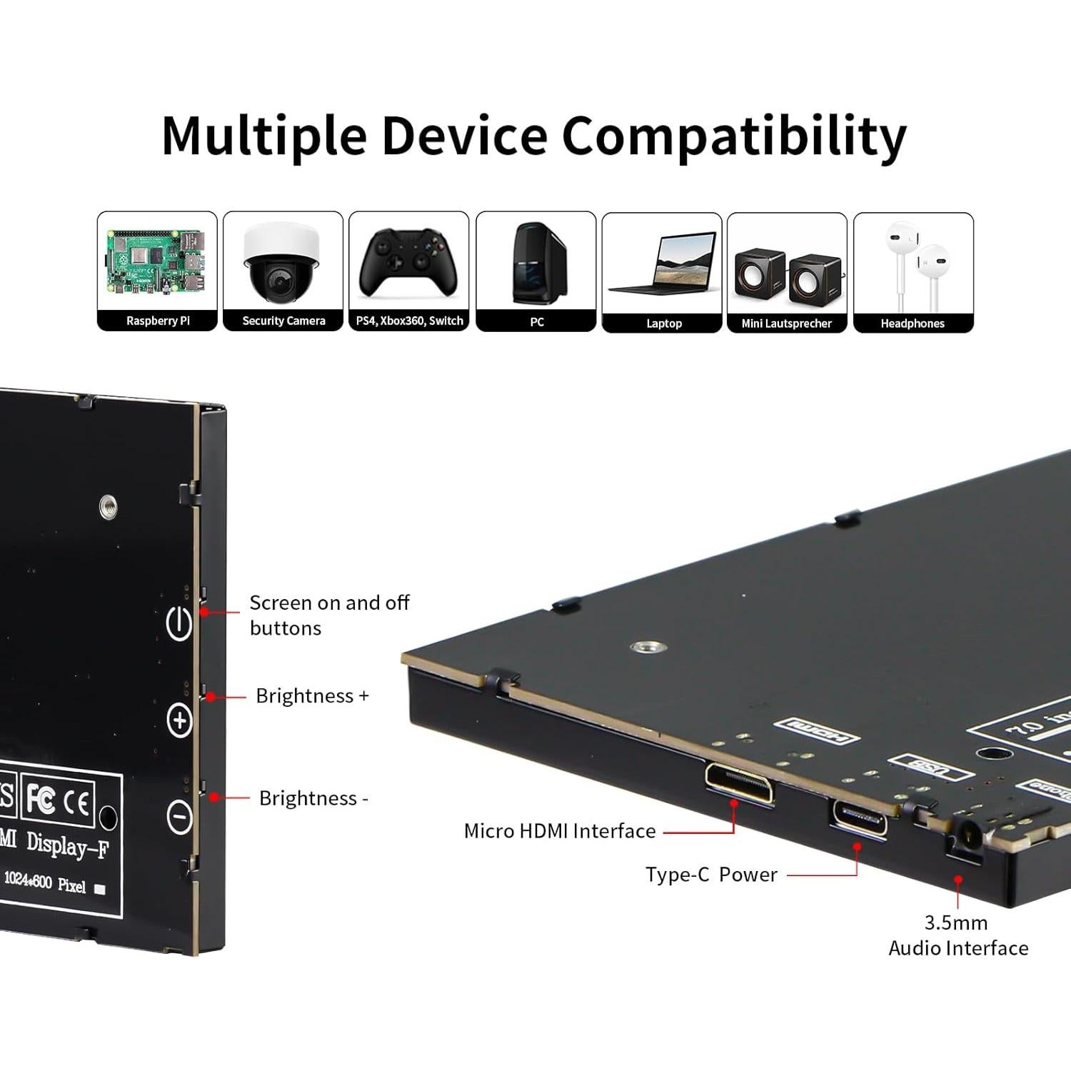 Monitor Portátil CUQI de 7" IPS 1024x600 HDMI para Raspberry Pi
