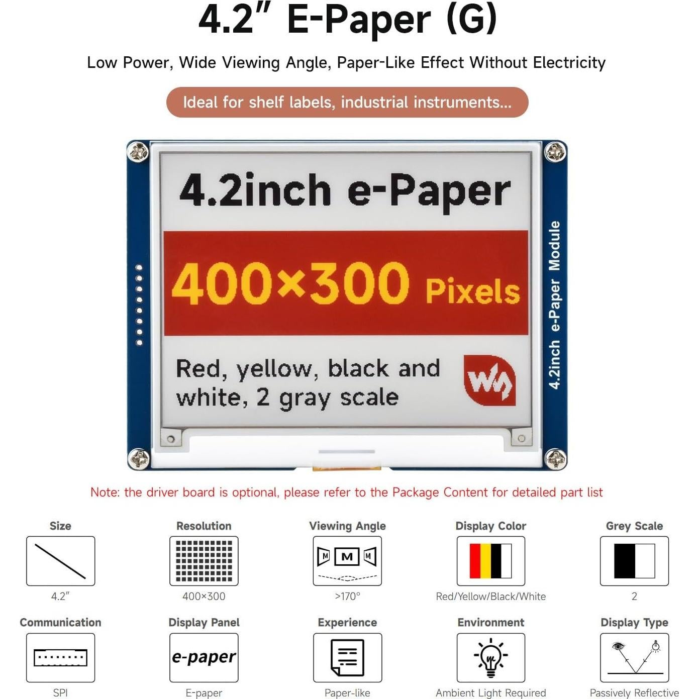 Pantalla e-Paper Waveshare 4.2" E-Ink 400x300 Rojo/Amarillo/Negro/Blanco