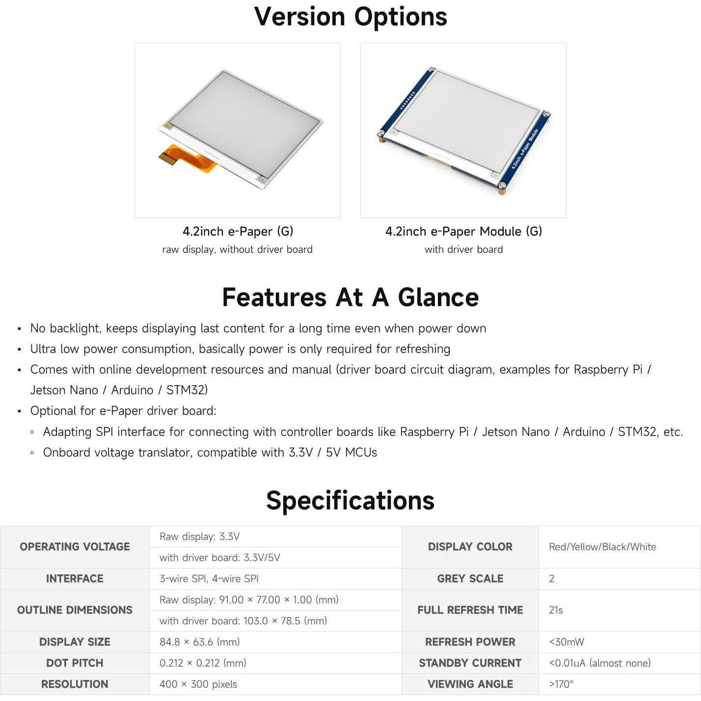 Pantalla e-Paper Waveshare 4.2" E-Ink 400x300 Rojo/Amarillo/Negro/Blanco