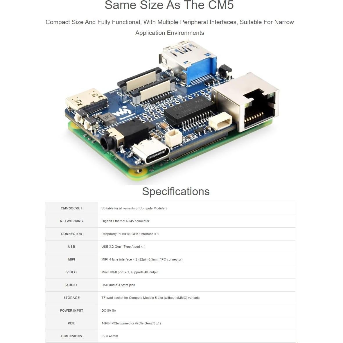Placa Base Nano (B) Waveshare para Raspberry Pi CM5 Lite