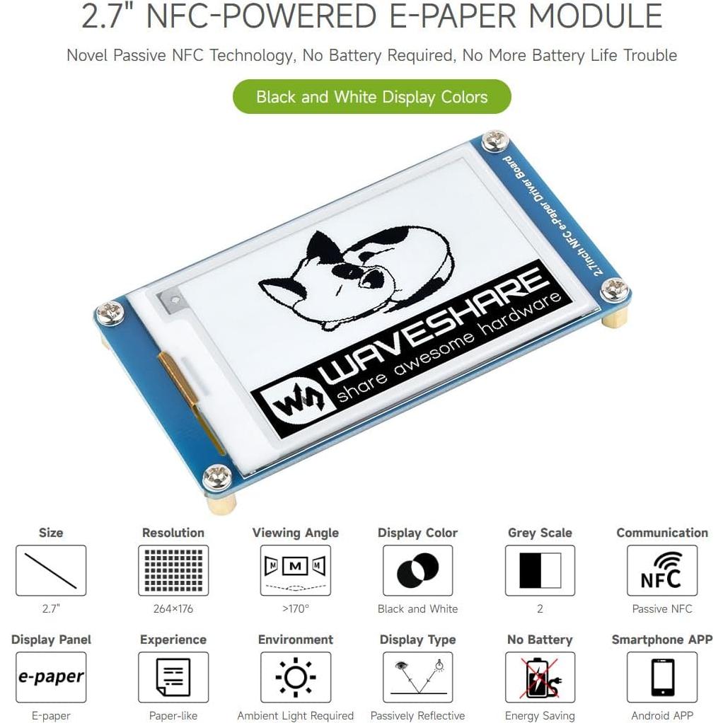 Módulo de Papel Electrónico 2.7" Waveshare NFC Pasivo