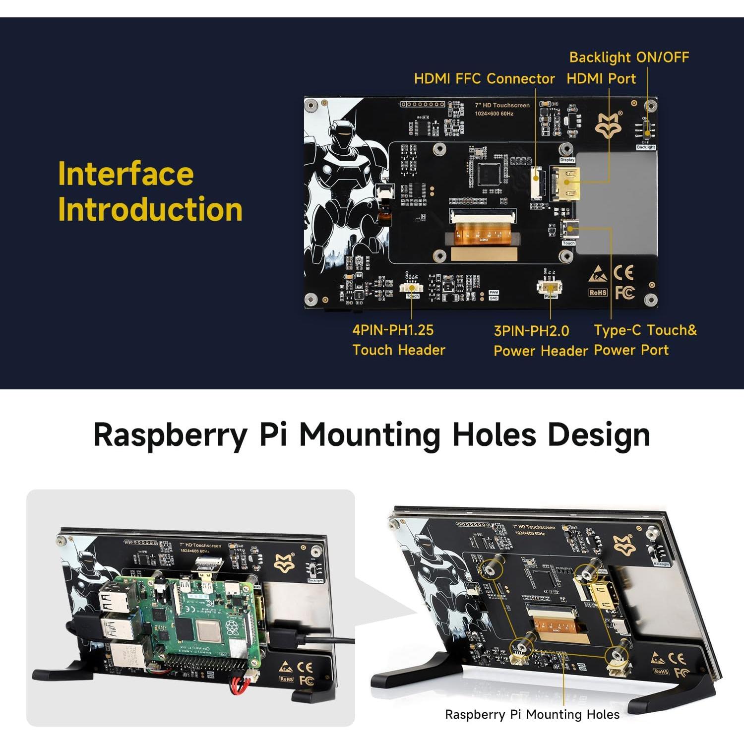 Pantalla Táctil 7" LUCKFOX HDMI 1024x600 para Raspberry Pi