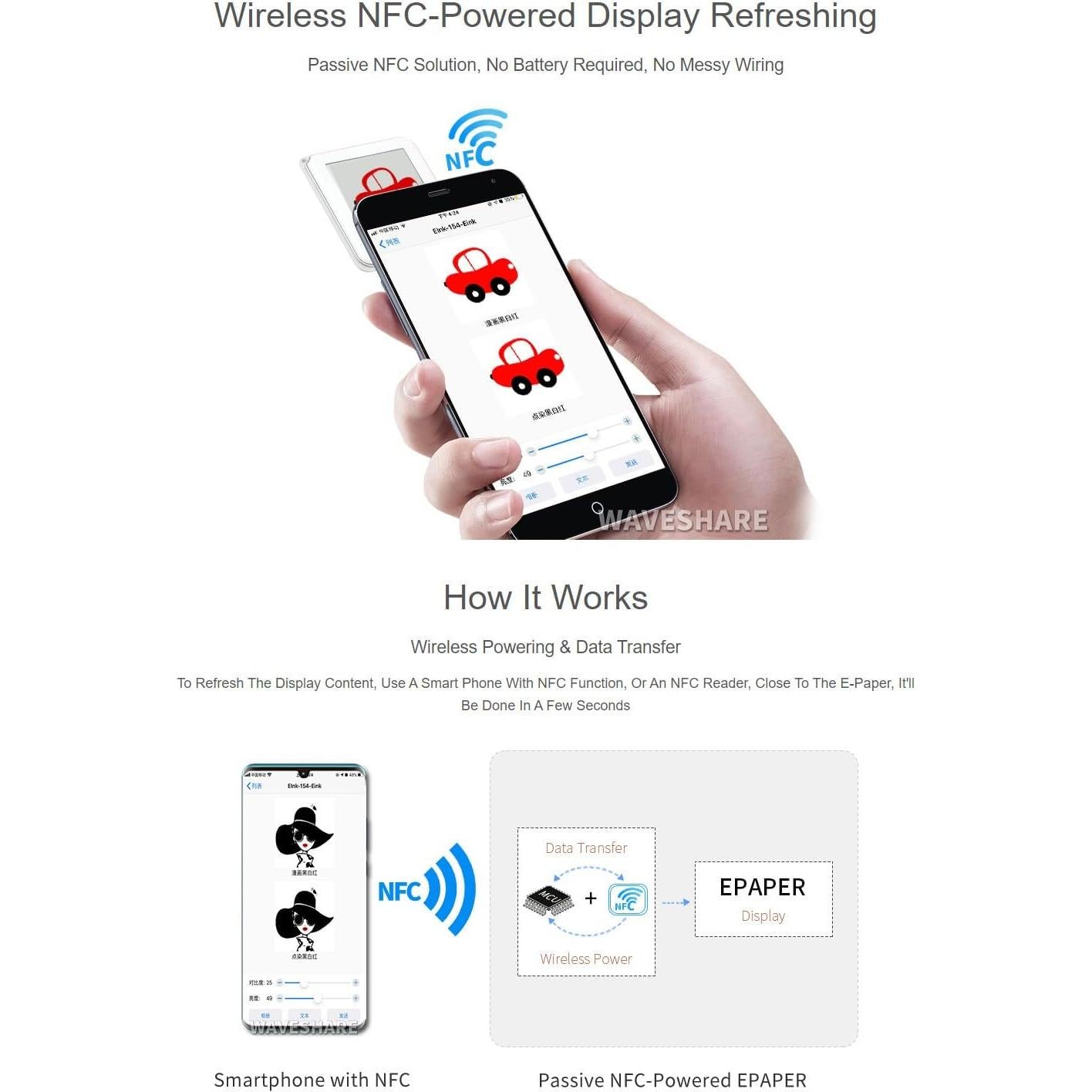 Pantalla e-Paper 1.54" Waveshare NFC Sin Batería 10g