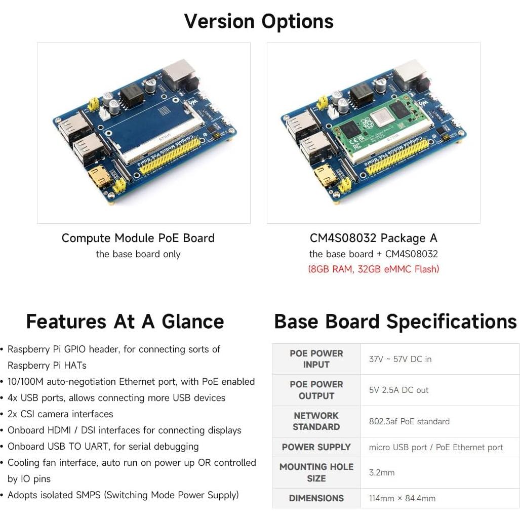 Placa PoE Waveshare para Raspberry Pi CM3/CM3L/CM3+/CM3+L