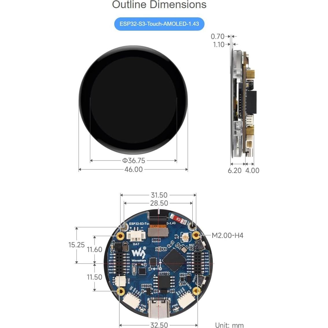Placa de Desarrollo Waveshare ESP32-S3 AMOLED 1.43" 466x466