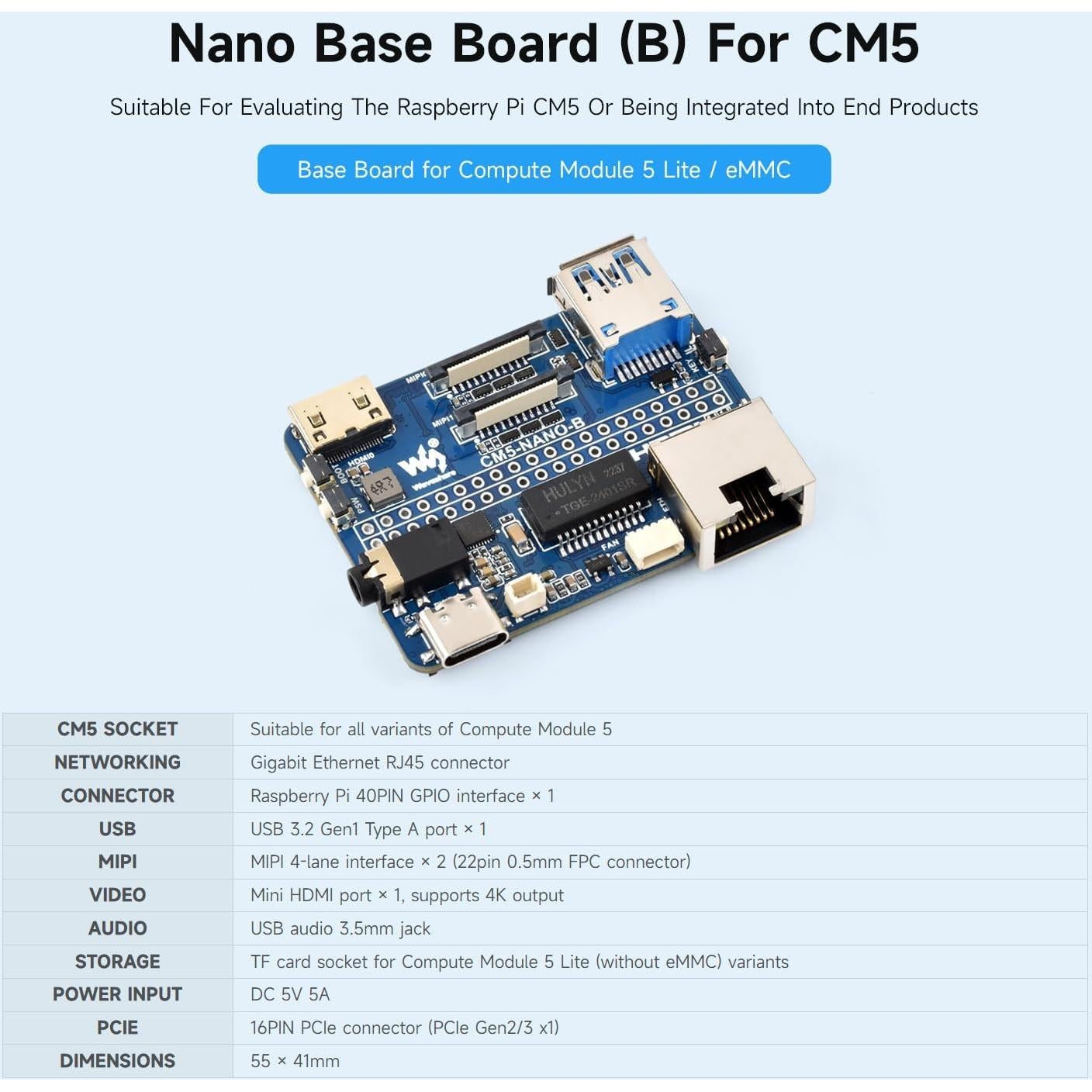 Placa Base Waveshare CM5-NANO-B para Raspberry Pi Compute Module 5