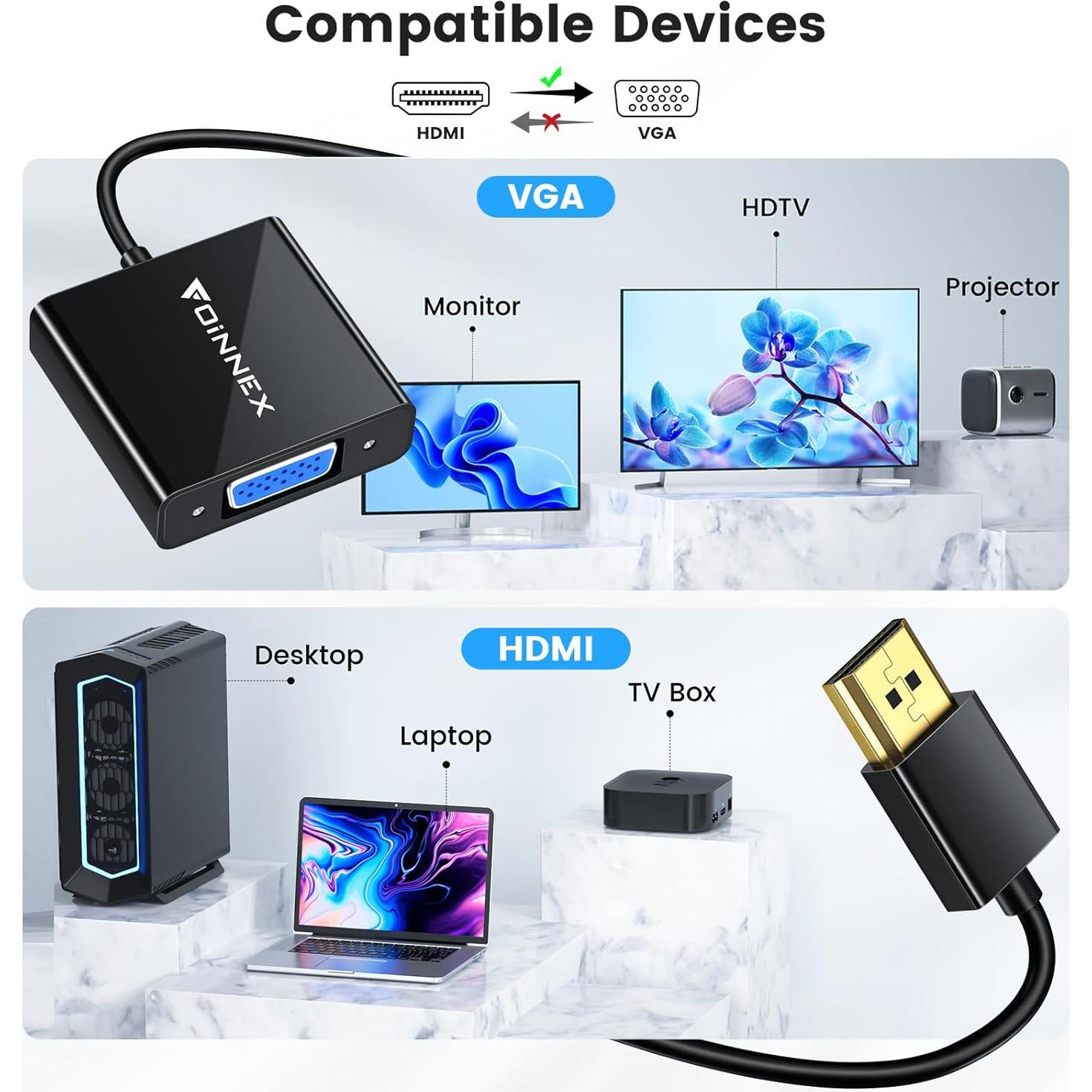 Adaptador HDMI a VGA FOINNEX - Paquete de 2, 1080p Full HD
