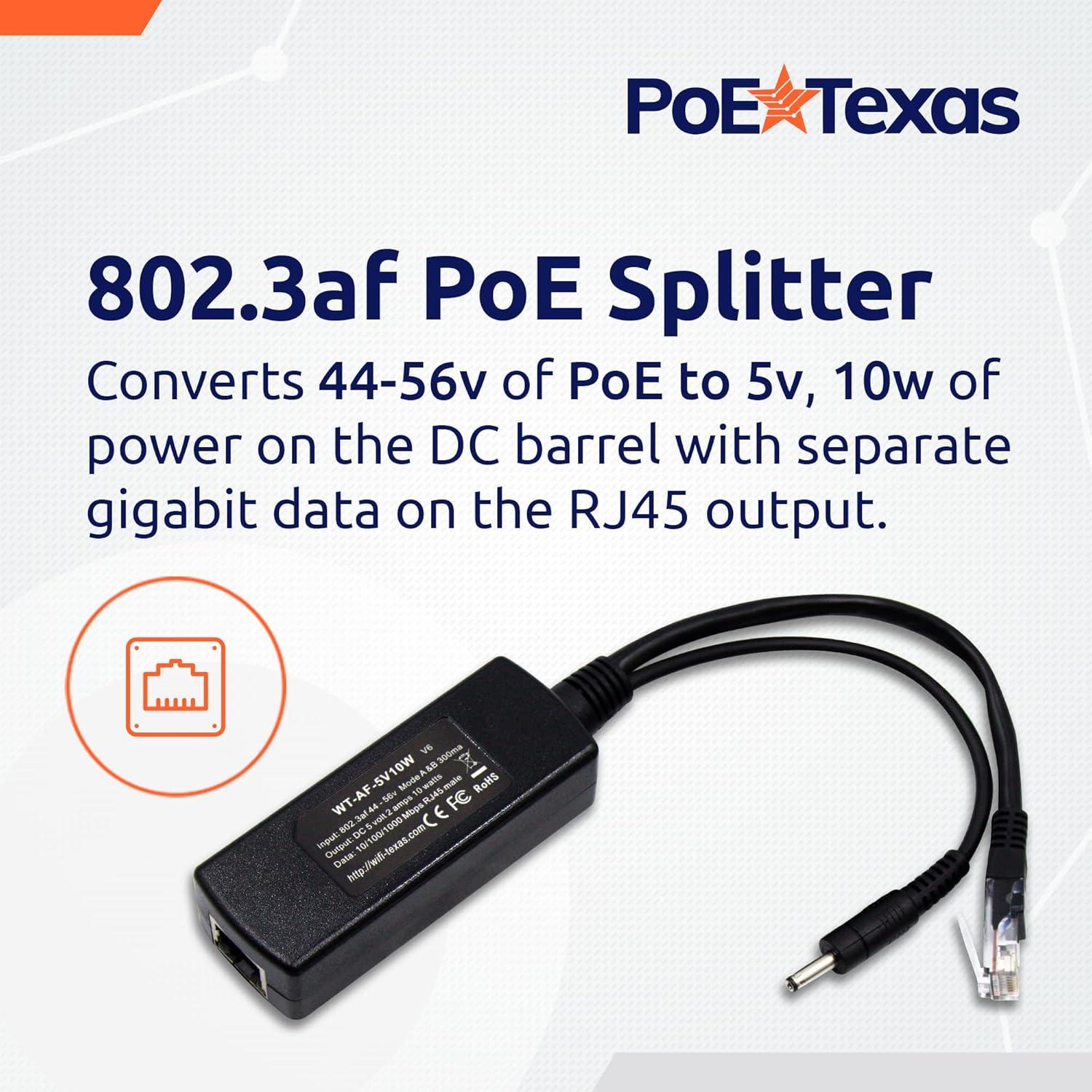 Divisor PoE 802.3af PoE Texas 5V 10W para Cámaras y Dispositivos