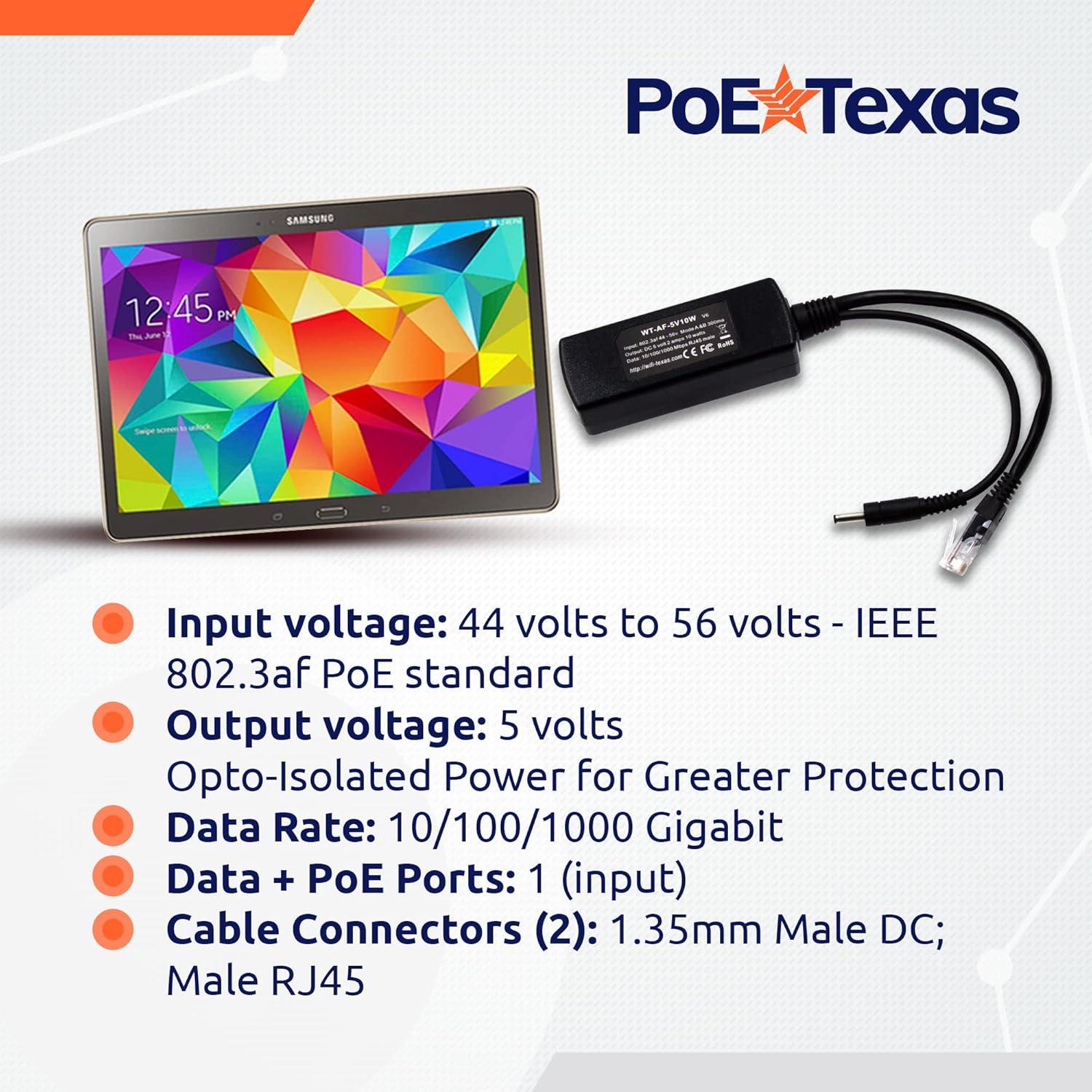 Divisor PoE 802.3af PoE Texas 5V 10W para Cámaras y Dispositivos