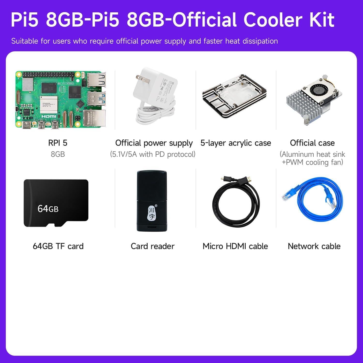 Kit de Inicio Yahboom Pi 5 8GB con Adaptador 27W y Enfriamiento