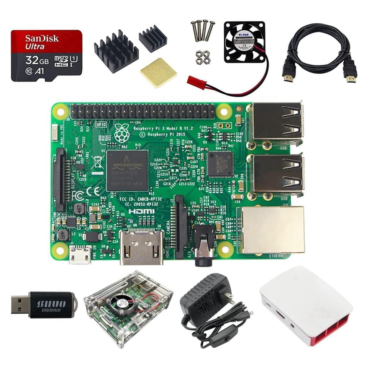 9 in 1 Complete Starter Kit Raspberry Pi 3 Model B Module&Two Cases&HDMI Cable&32G SD Card&Heatsink Kit&P Fan