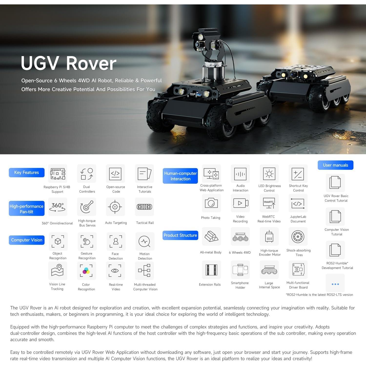 Robot Rover AI Waveshare 6 Ruedas 4WD con Módulo Pan-Tilt