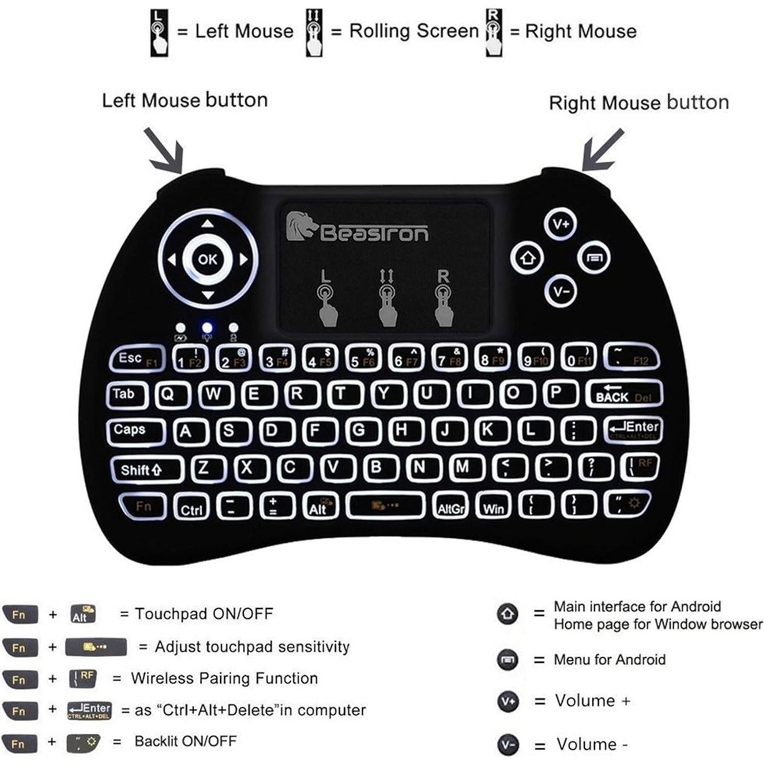 Teclado Inalámbrico Mini Beastron QWERTY Retroiluminado