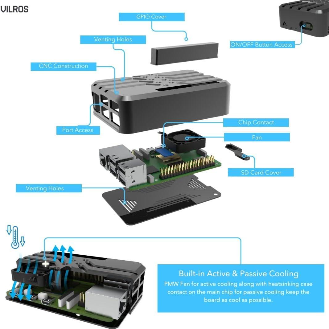 Caja de Enfriamiento Pasivo y Activo Vilros Deluxe para Raspberry Pi 5