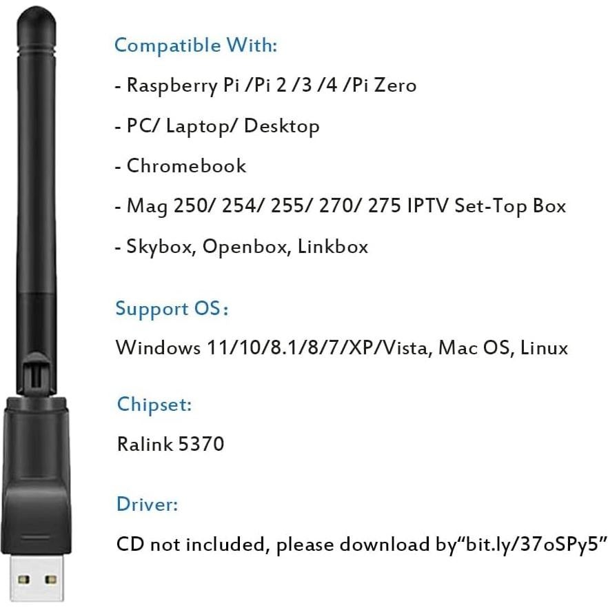 Adaptador WiFi USB LOTEKOO RT5370 150Mbps para Raspberry Pi y PC