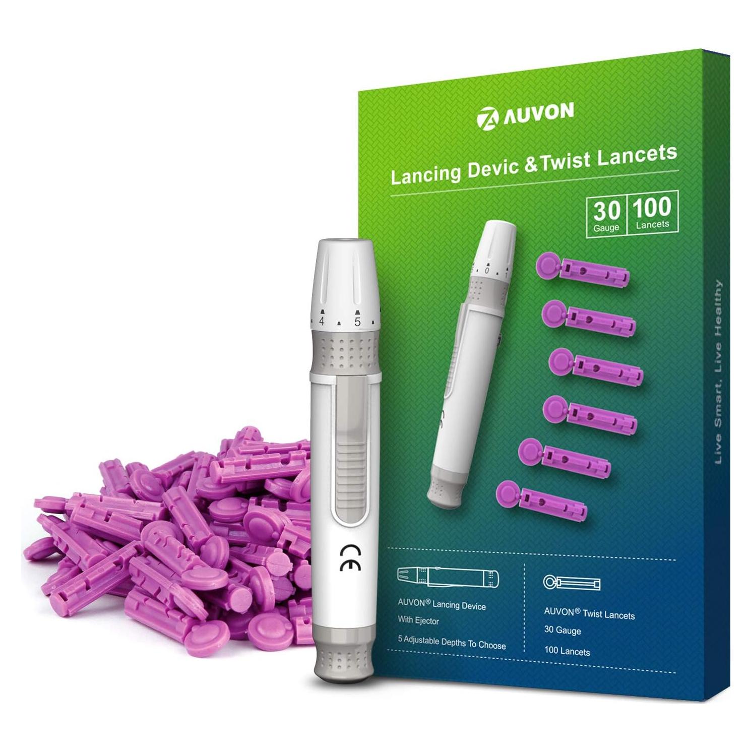 Dispositivo de Punción AUVON con 100 Lancetas y Ajuste de Profundidad