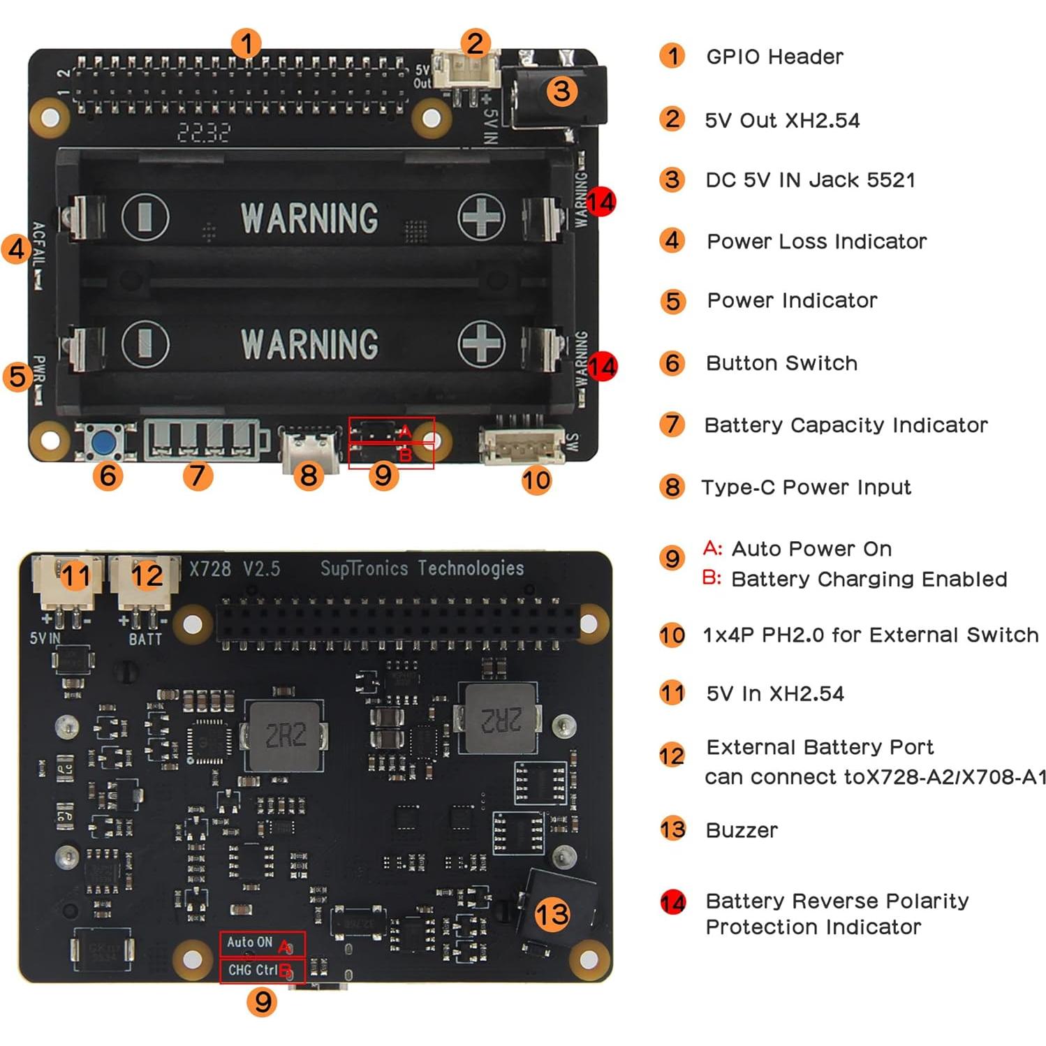 Geekworm UPS X728 para Raspberry Pi - 5.1V 6A, Gestión Energía