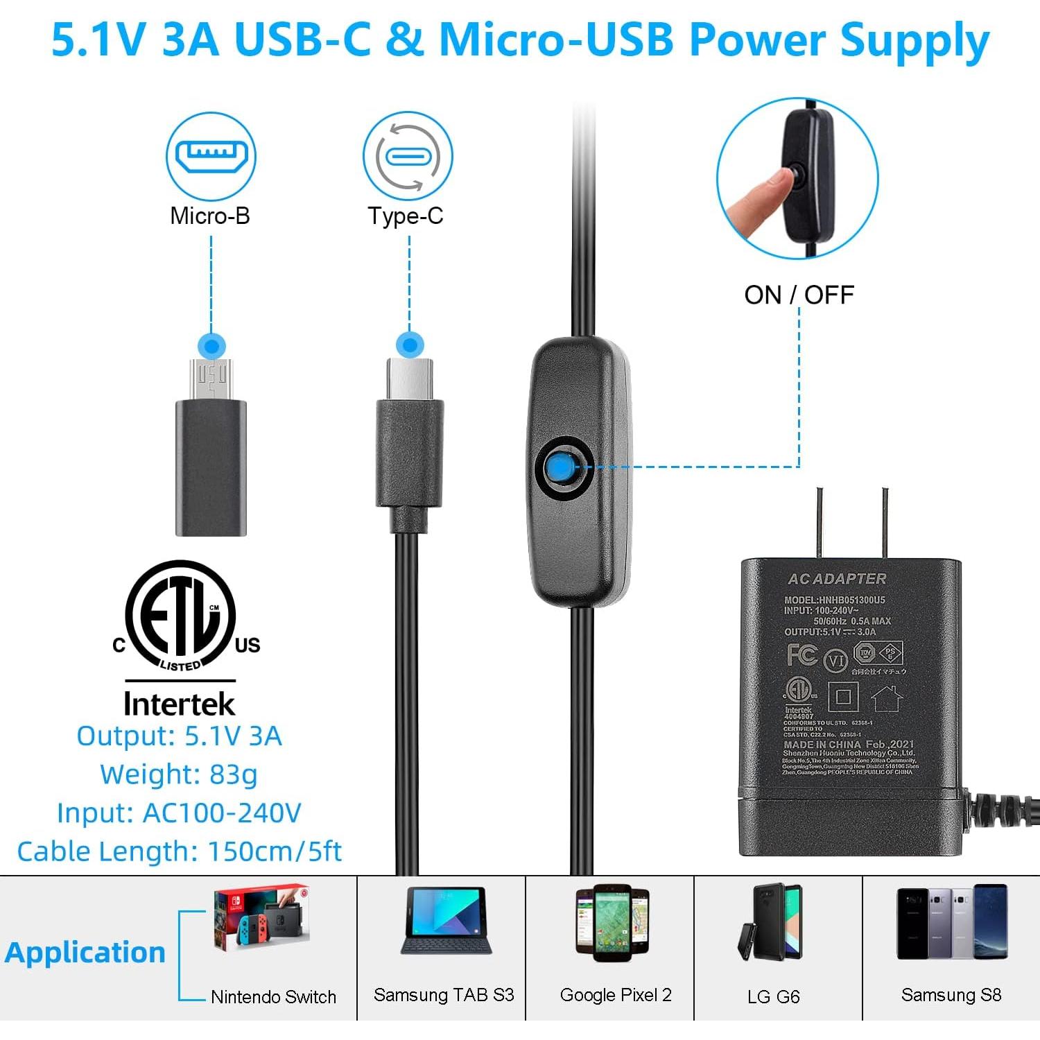 Fuente de Alimentación USB-C 5.1V 3A Smraza para Raspberry Pi 4