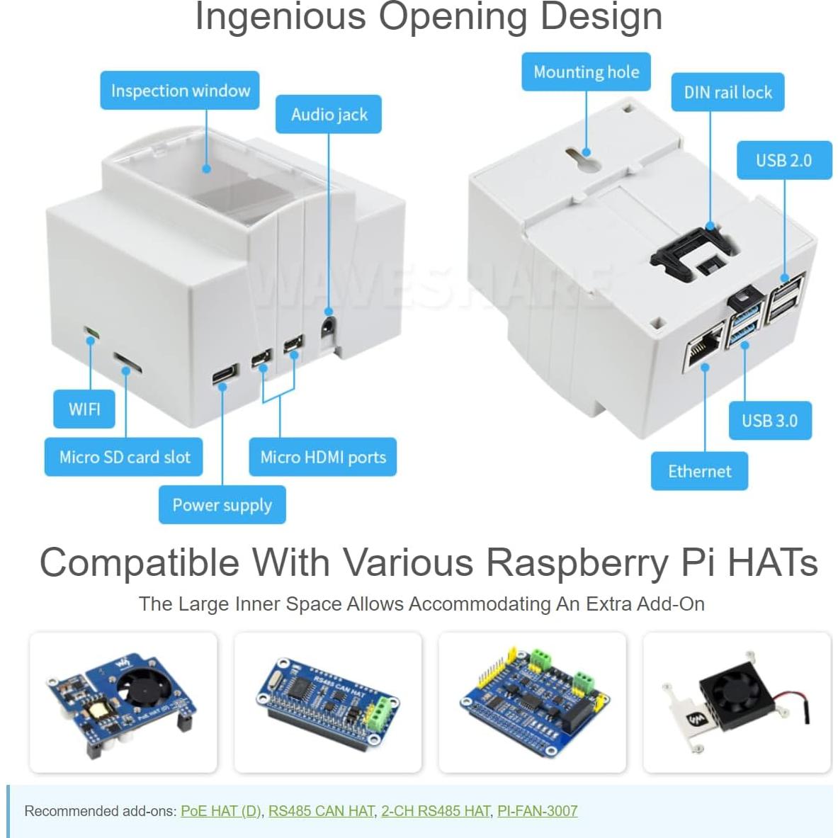 Caja ABS para Raspberry Pi 4 Waveshare con soporte DIN