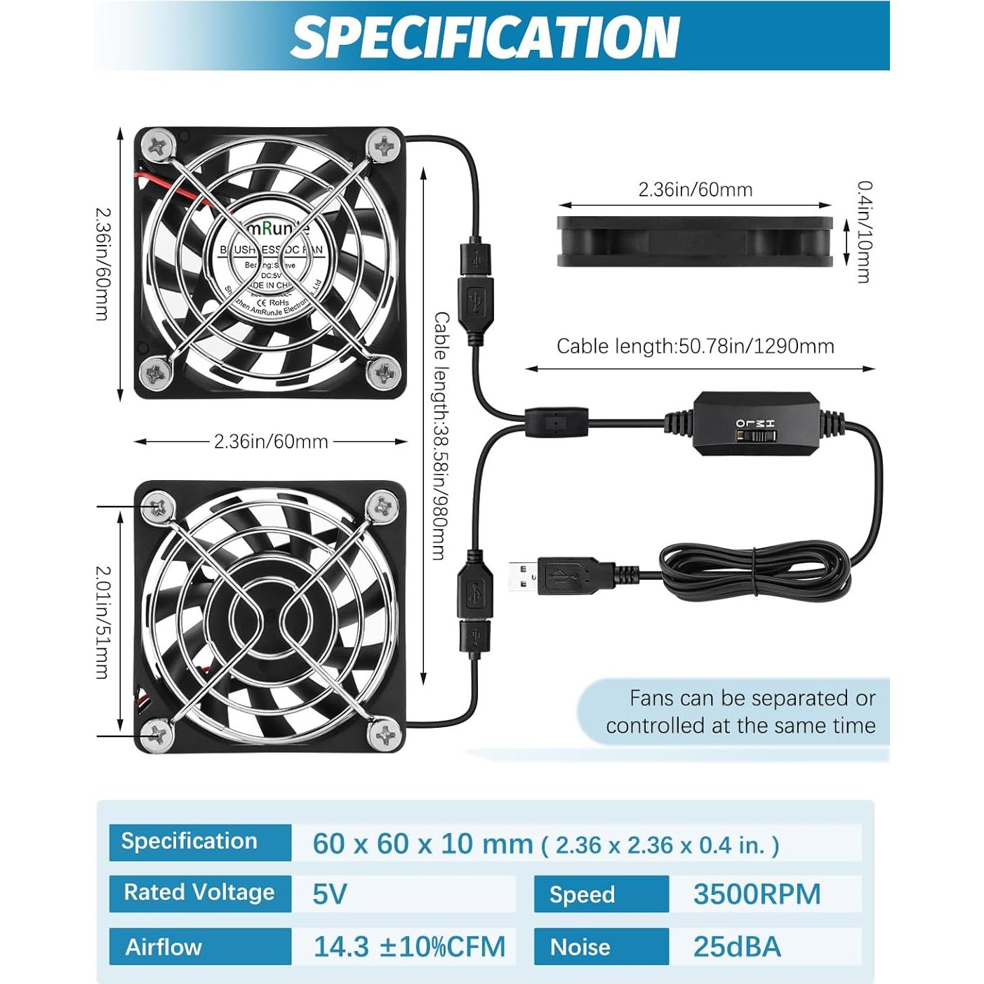 Ventilador de Enfriamiento USB AmRunJe 60mm x2 5V para PC