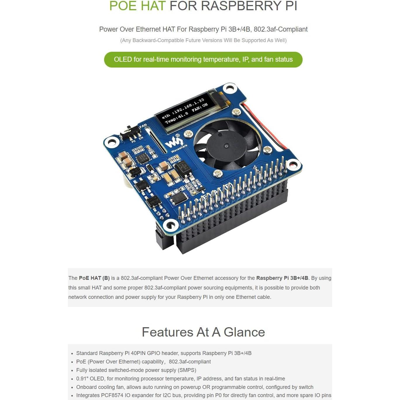 HAT PoE Waveshare para Raspberry Pi 3B+/4B 802.3af