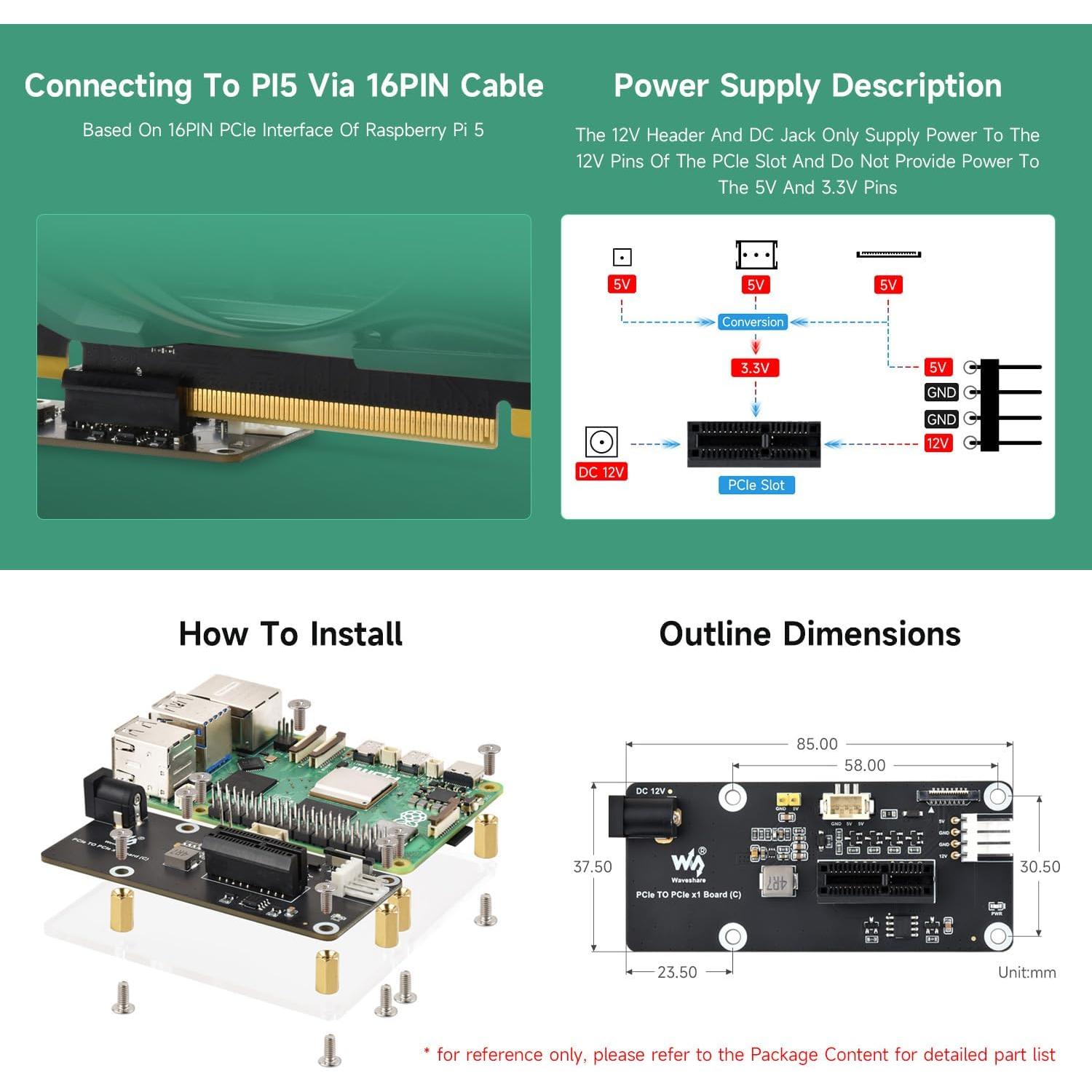 Adaptador PCIe x1 Waveshare para Raspberry Pi 5, 230g