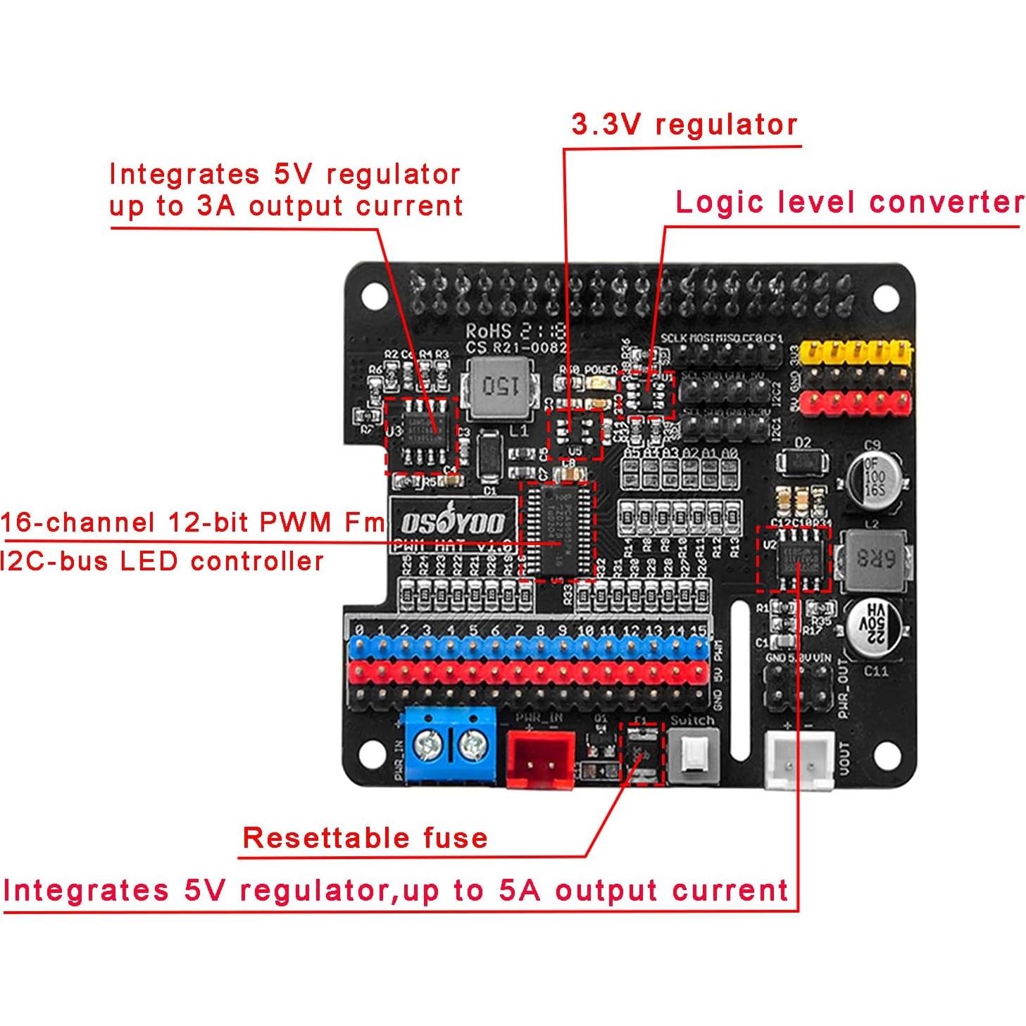 Adaptador de Batería HAT OSOYOO PWM 16 Canales para Raspberry Pi