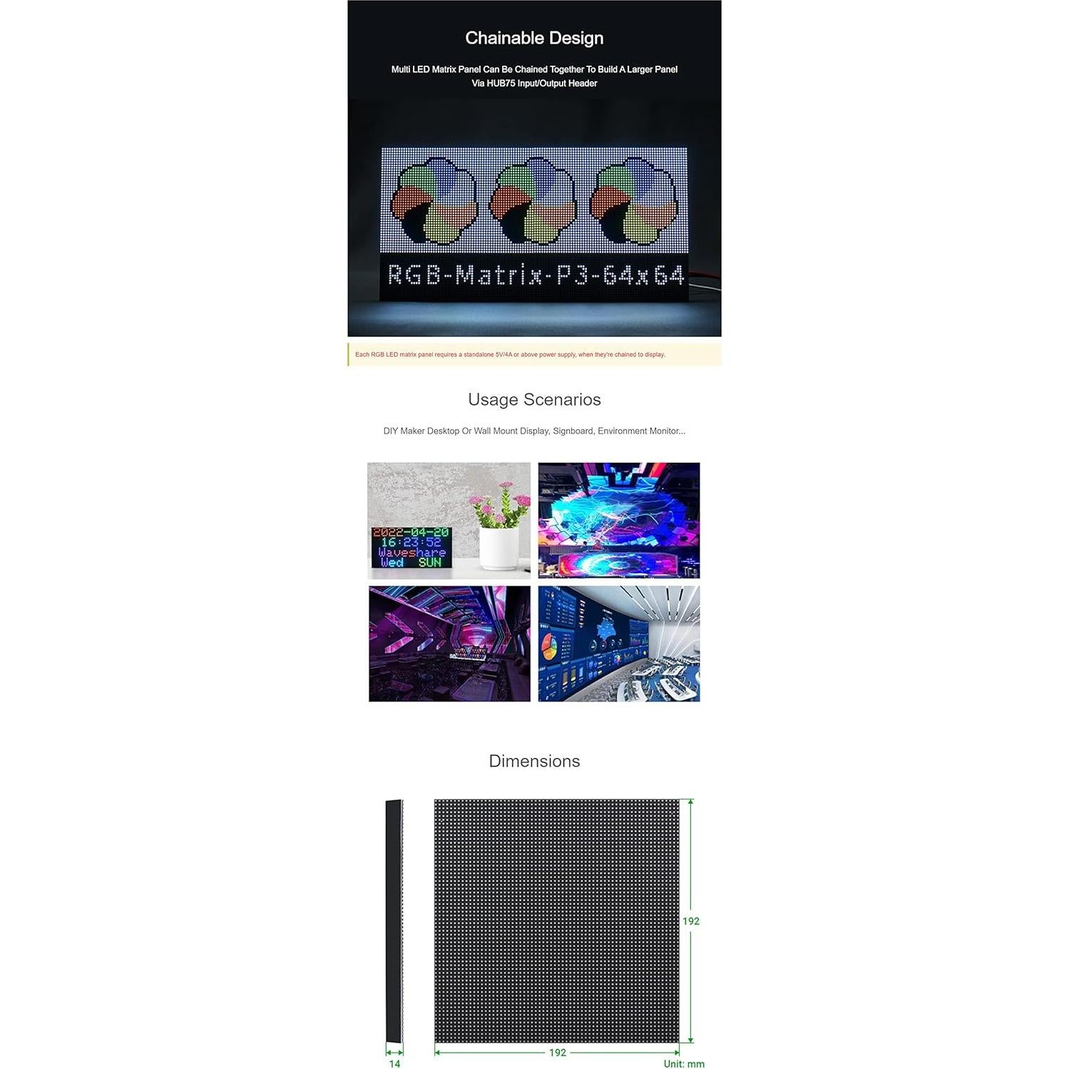 Panel LED RGB 64x64 Iiunius 192x192mm Brillo Ajustable