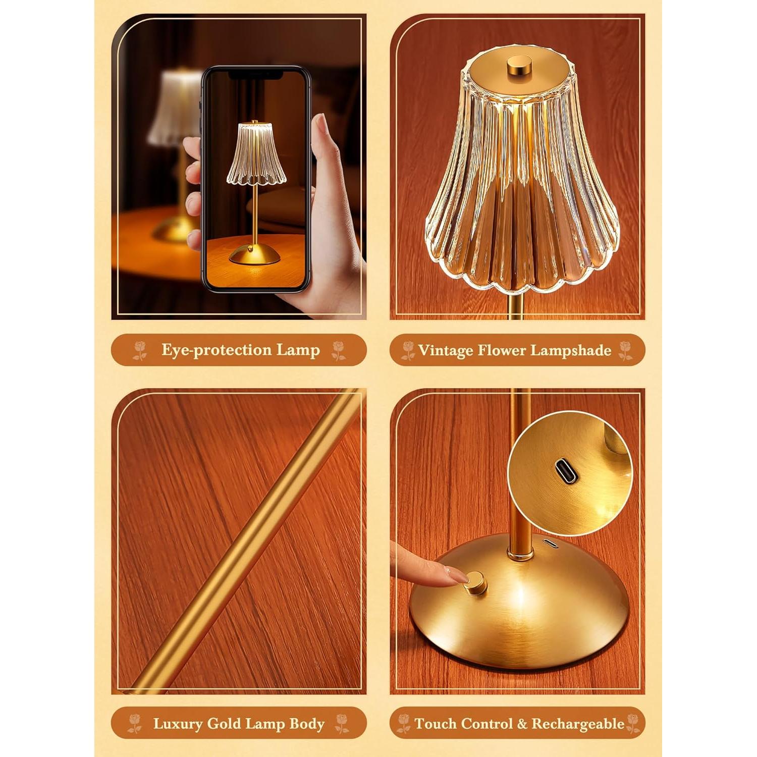 Lámpara Mini Vintage Dorada Rosa Recargable 10 Brillos