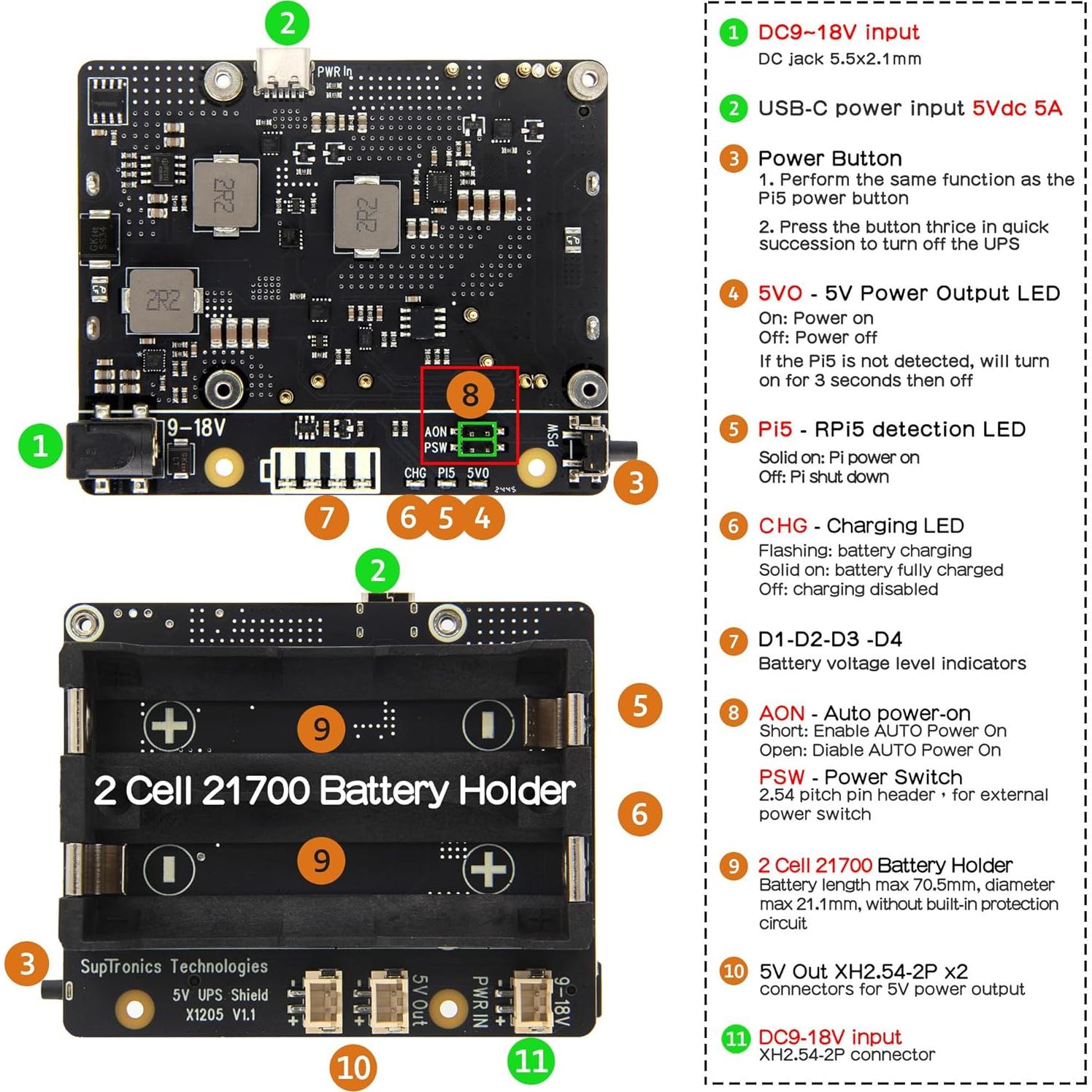 Geekworm X1205 UPS HAT para Raspberry Pi 5 - 5.1V 6A