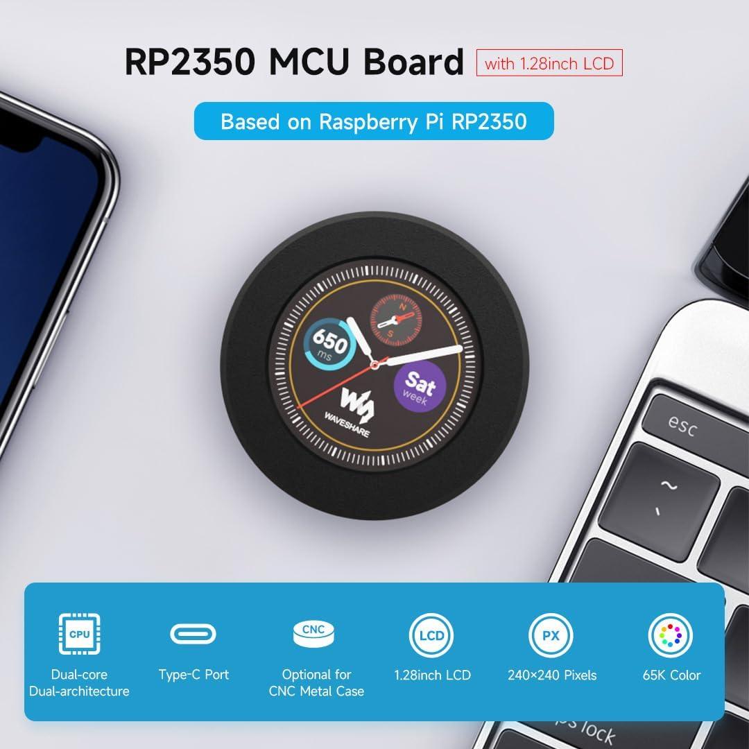 Placa MCU Waveshare RP2350 con LCD 1.28" IPS 240x240