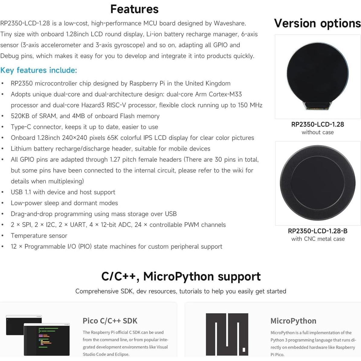 Placa MCU Waveshare RP2350 con LCD 1.28" IPS 240x240