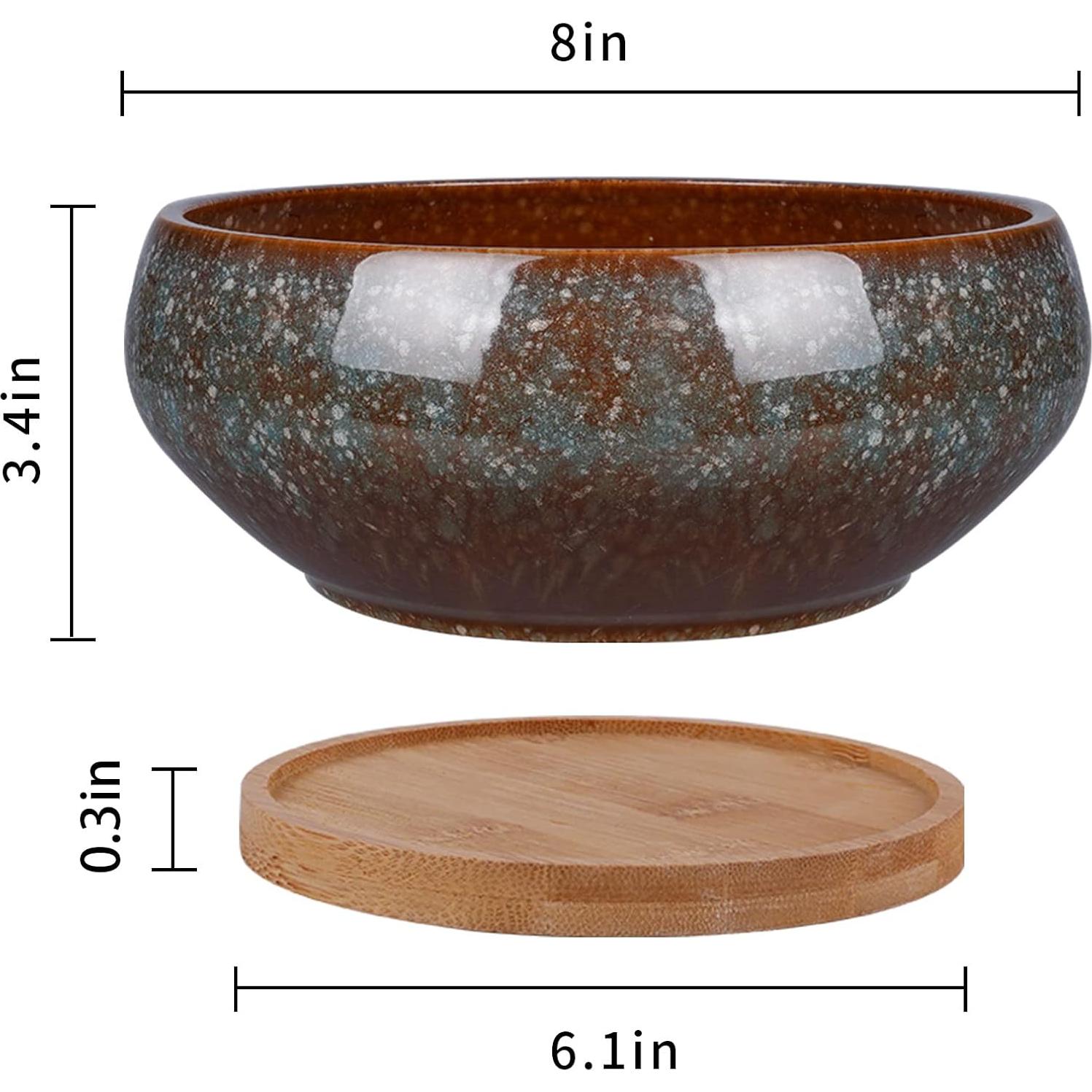 Maceta de Bonsai Cerámica EPFamily 20 cm con Plato de Bambú