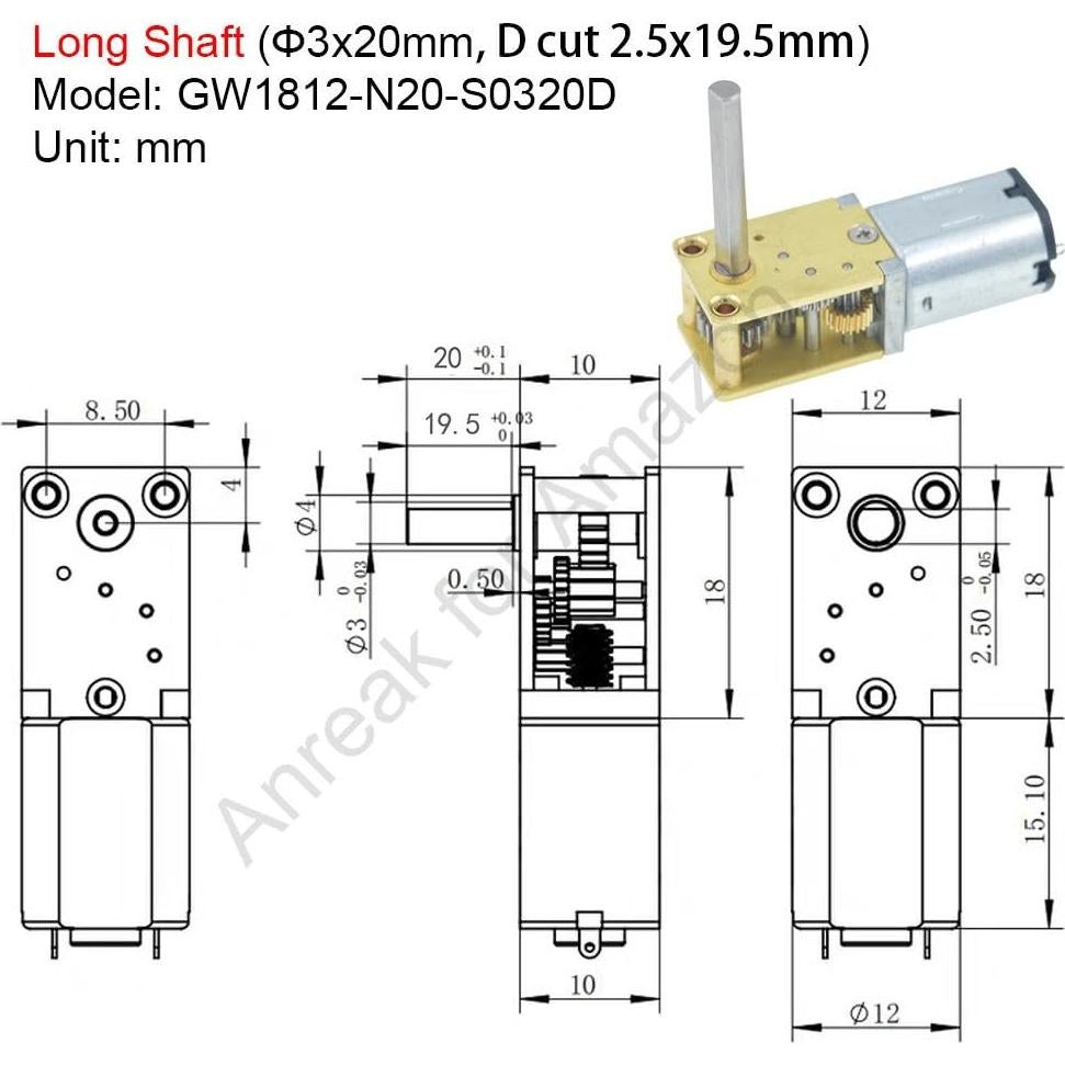 Motor de Engranaje N20 DC 12V 381RPM 3x20mm Eje Largo - 2 Pcs