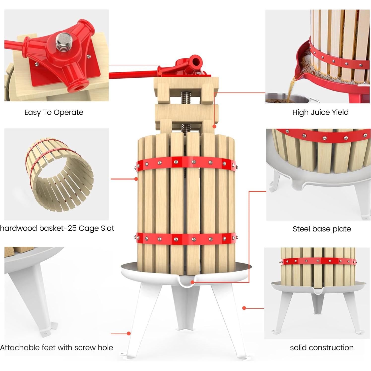 Prensa de Vino EJWOX 6.06L Manual de Madera Sólida